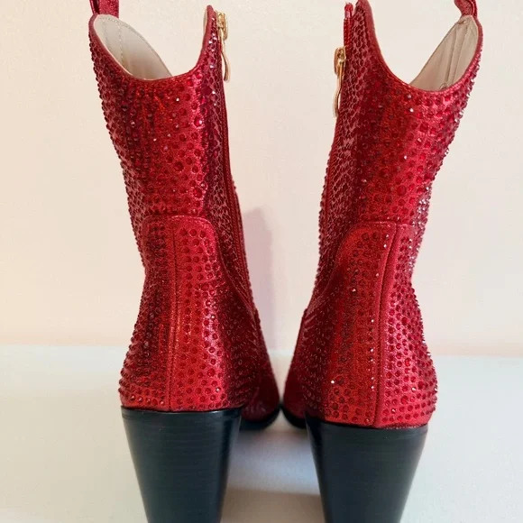 * Berness Sexy Red Rhinestones 3" Block Heel Cowboy Boots - Picture 8 of 10